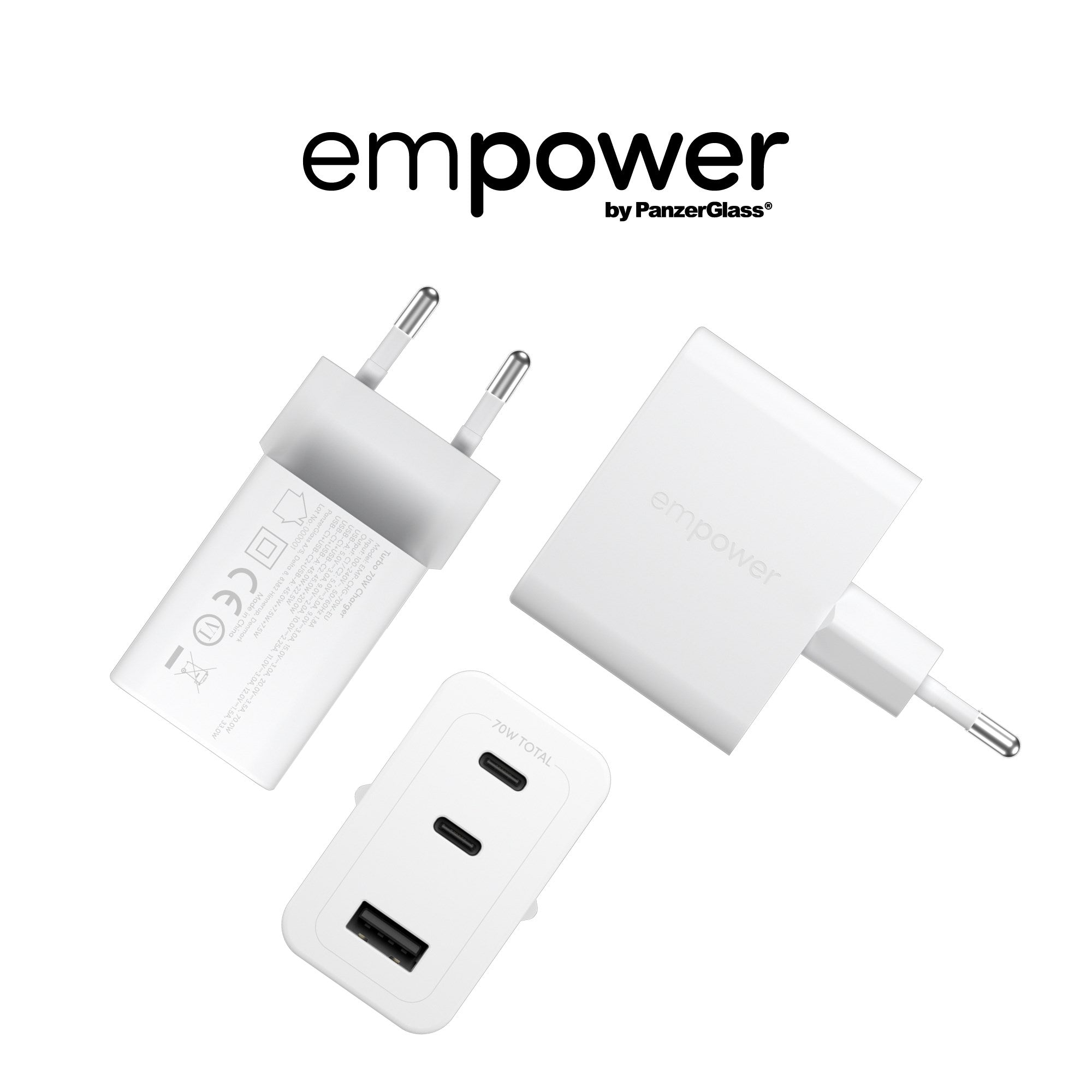 empower by PanzerGlass® Turbo 70W Multiple Ladegarät inkl. 2 x USB-C + USB-A | EU Anschluss | Silber Weiss